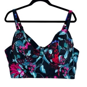 Torrid Underwire Long Line Bikini Top Swimsuit Size 4  DD/F Black Floral